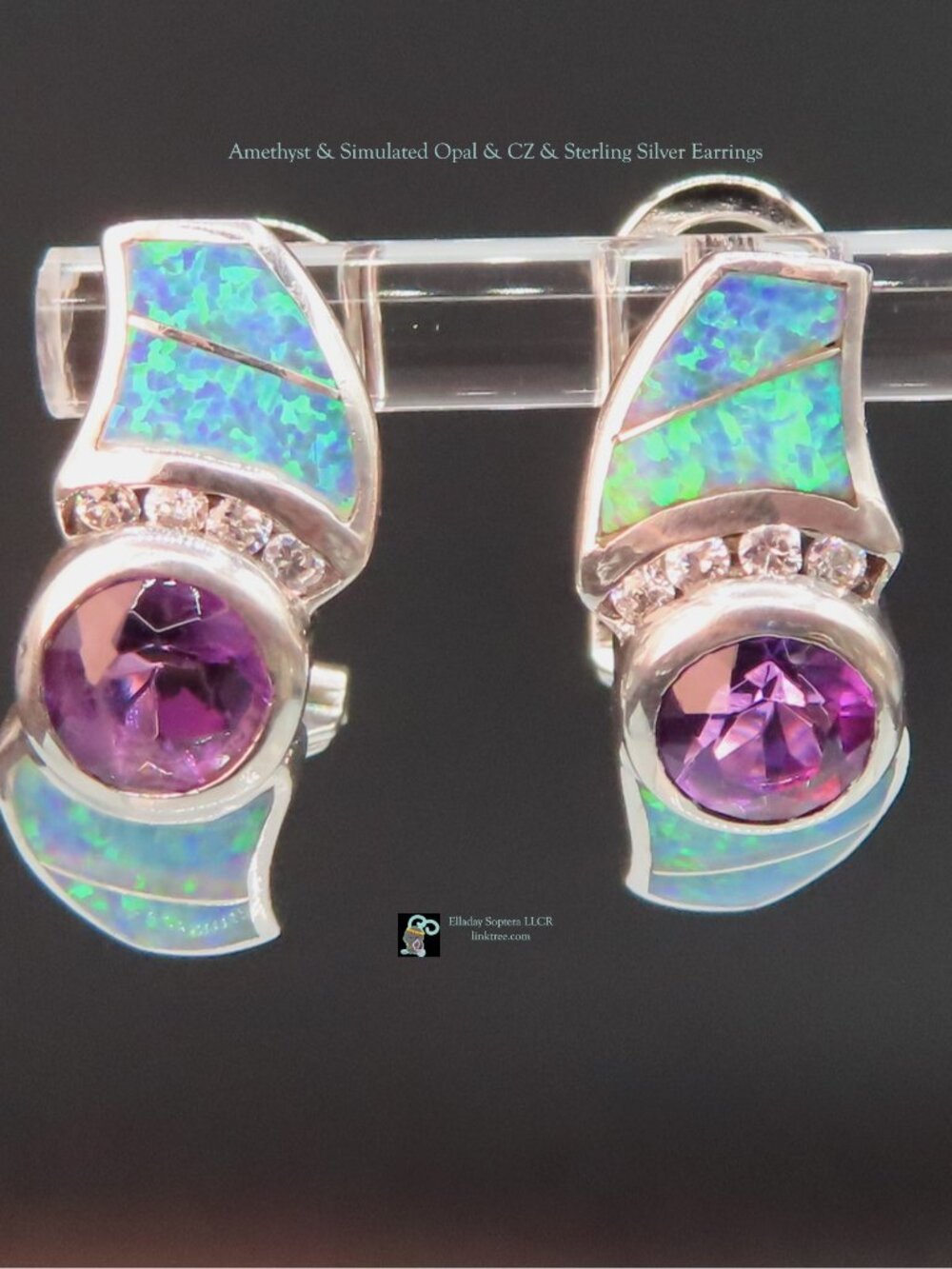 [SALE!] AK Amethyst & Simulated Opal & CZ & Sterling Silver Earrings - Picture 2 of 7